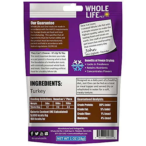 Whole Life Pet Healthy Turkey Cat Treats , Human-Grade Whole Turkey Breast, Protein Rich for Training, Picky Eaters, Digestion, Weight Control, Made in the USA, 1 Ounce