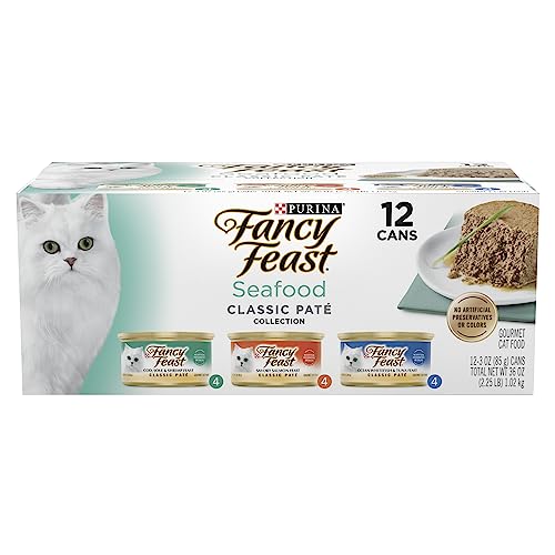 Purina Fancy Feast Grain Free Pate Wet Cat Food Variety Pack, Seafood Classic Pate Collection - (2 Packs of 12) 3 oz. Cans