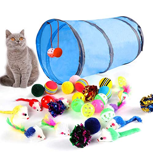 M JJYPET Cat Toys Kitten Toys Assortments(30 Packs),2 Way Tunnel,Cat Balls with Bells,Cat Feather Toy,Cat Mice Toy,Cat Crinkle Balls,Kitty,Kitten