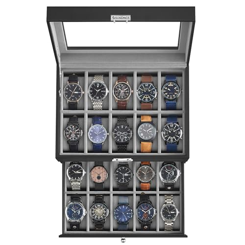 SONGMICS 20 Slot Black Watch Box with Glass Top