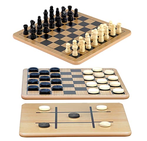 Wooden Reversible Board Game Set - Chess, Checkers, Tic-Tac-Toe