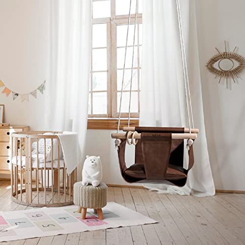 Mern Living Leather Baby Hanging Swing - Wooden Hanging Swing Seat Chair, Faux Leather Toddler Hammock Chair, Indoor Outdoor Modern Swing for Kids Infants Toddlers, 6 to 48 Months, Kids Room Decor