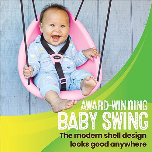 Swurfer Kiwi - Your Baby's First Swing with Ergonomic Foam-Lined Shell Design, Blister Free Rope and 3-Point Safety Harness, Ages 9 Months and Up (Pink)