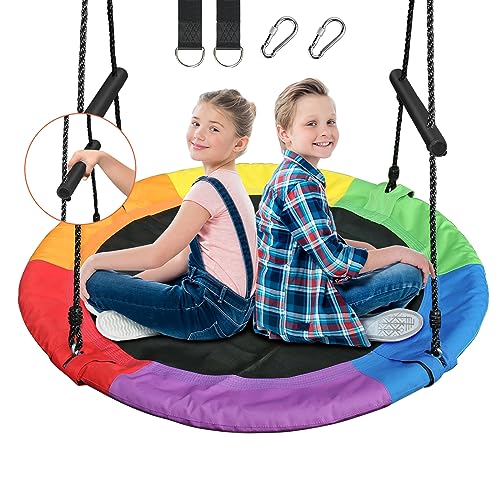 Treeswin Saucer Tree Swing 40 Inch, 700 lb Weight Capacity Outdoor Flying Swing with Tree Strap, 900D Oxford Fabric Waterproof Durable Steel Frame and Carabiner for Playground and Backyard (Rainbow)