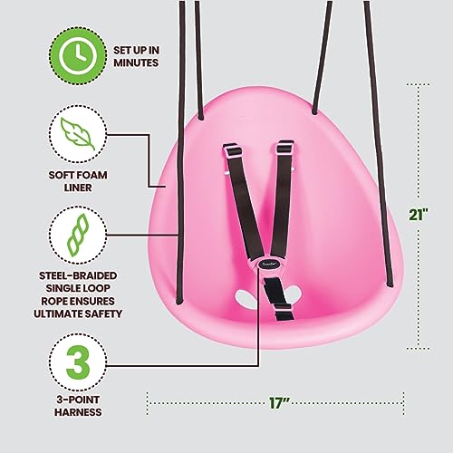 Swurfer Kiwi - Your Baby's First Swing with Ergonomic Foam-Lined Shell Design, Blister Free Rope and 3-Point Safety Harness, Ages 9 Months and Up (Pink)