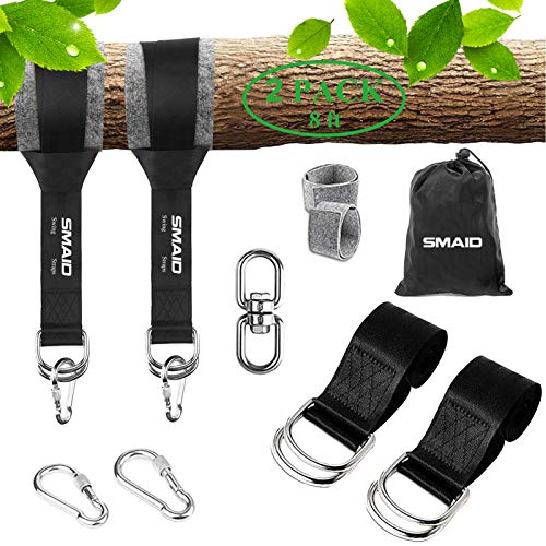 Smaid Tree Swing Hanging Straps Kit Holds 3000 lbs 8ft Extra Long,2 Tree Swing Straps+2 Heavy Duty Screw Lock Carabiners+2 Tree Protectors+Swivel Fits Fast & Easy Way to Hang Any Swing or Hammock