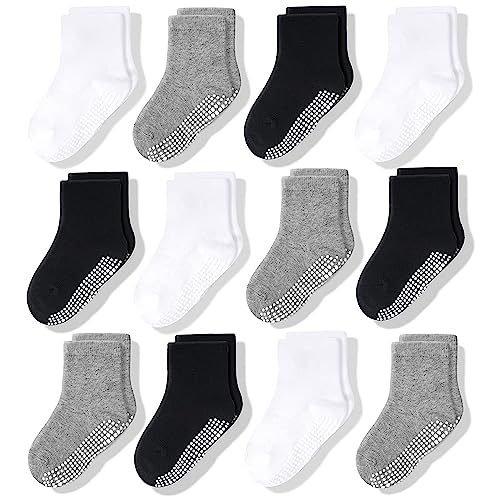 CozyWay Baby Anti Slip Crew Socks 12 Pack with Grips for Toddlers Little Boys Girls Infants Kids Non Skid Sox