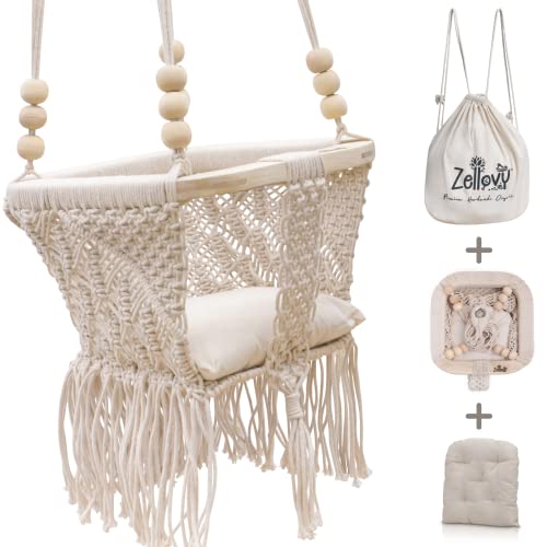 ZELLOVY Macrame Baby Swing | Boho Baby Swing for Infants & Toddler | Baby Hammock Swing for Indoor & Outdoor | Hanging Rope Baby Gift Swing | Handmade Crochet Baby Swing | Portable Baby Swing Chair