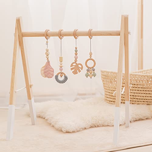 Let's Make Organic Wooden Play Gym with 4 Gym Toys Foldable Baby Play Gym Frame Activity Center Hanging Bar Newborn Gift