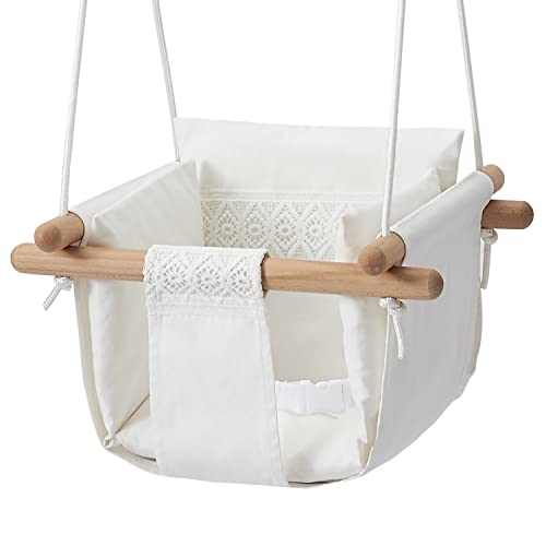 Secure Baby Swing Seat with Safety Belt - Baby Canvas and Wooden Swing Chair with Lace DÃ©cor Cushion -Indoor Swing for Infants & Baby Swing Outdoor - Tree Toddler Swing for Backyard Outside, White