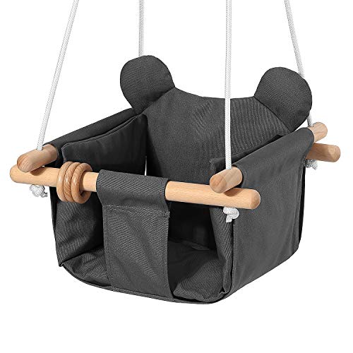Mlian Secure Canvas and Wooden Baby Hanging Swing Seat Chair Indoor and Outdoor Hammock, Backyard Outside Swing Kids Toys Swings Set 6-36 Months Bear Ear Decor