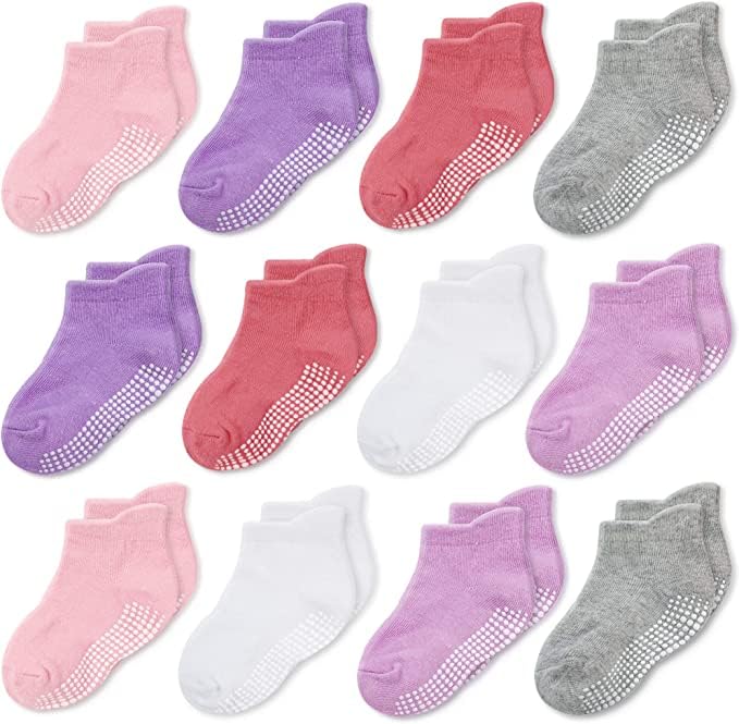 CozyWay Non Slip Toddler Socks Grips Baby Girls Boys 6&12 Pack Anti Skid Ankle Socks Infant Kids