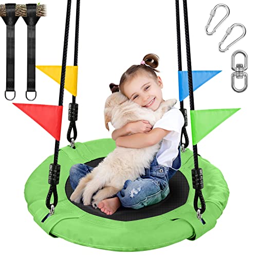 Odoland 24 inch Children Tree Swing SwingSeat, Outdoor Saucer Rope Swing Platform Swing for Kid, Round Swingset wirh Adjustable Hanging Ropes for Indoor, Backyard and Playground Green