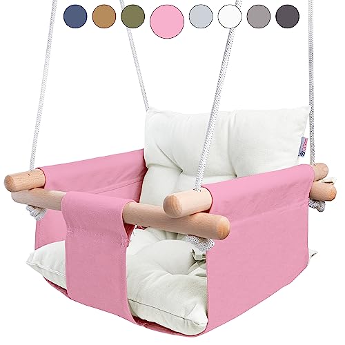 CaTeam - Canvas Baby Swing, Wooden Hanging Swing Seat Chair with Safety Belt, Durable Baby Hammock Chair, Outdoor and Indoor Swing for Kids, Mounting Hardware Included, Pink