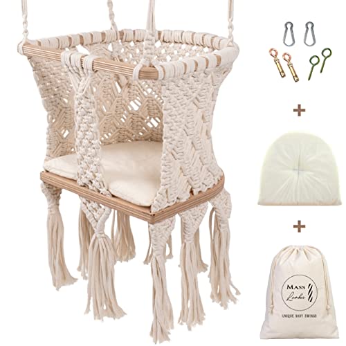 Mass Lumber Macrame Baby Swing Indoor with Ceiling Hardwares, Cushion and Storage Bag - Boho Baby Swing Outdoor - Infant Swing Outdoor - Baby Swings for Infants to Toddler Outdoor Baby Swing Seat
