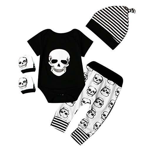 4pcs Newborn Baby Boys Girls Skull Romper+Pants+Hat+Mitten Halloween Outfit Set (0-6 Months, Black+White)