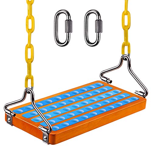 SELEWARE 17.5" X 8.2" Non Slip Wooden Swing Seat , Hanging Wooden Tree Swing Seat with 65" Metal Chain Plastic Coated and Snap Hook Swing Set for Adult Kid Indoor Outdoor Playground Backyard, Blue