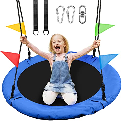Odoland 40 inch Kid Round Color Tree Swing, Chidren Platform Rope Swing, Outdoor Flying Saucer SwingSeat with Adjustable Hanging Ropes for Indoor, Backyard, Playground and Amusement Park