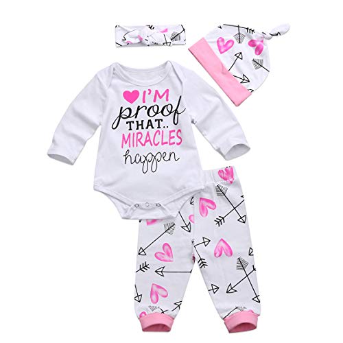 4 pcs Baby Girls Pants Set Newborn Infant Toddler Letter Romper Arrow Heart Pants Hats Headband Clothes (Pink 01, Newborn)