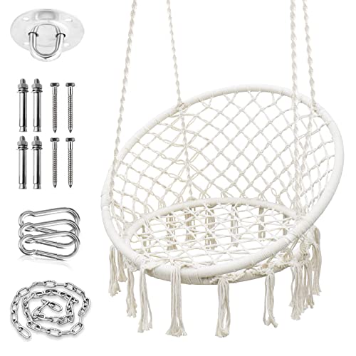 SURPCOS Hammock Chair with Durable Hanging Hardware Kit, Exquisite Dreamy Round Hanging Chair, 100% Cotton Rope Macrame Swing Chairs for Indoor/Outdoor Bedroom Patio Deck or Garden, Max 550LBs, Beige