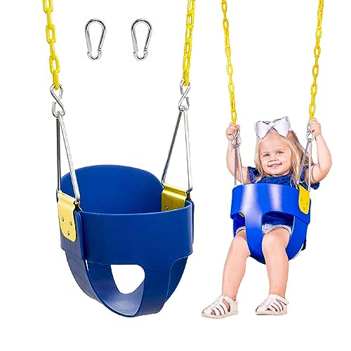 Squirrel Products High Back Full Bucket Toddler Swing Seat with Plastic Coated Chains and Carabiners for Easy Install - Blue