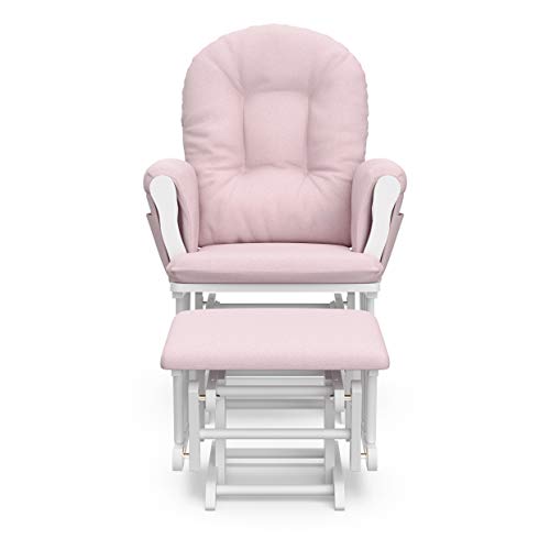 Storkcraft Premium Hoop Glider and Ottoman (White Base, Pink Swirl Cushion)  Padded Cushions with Storage Pocket, Smooth Rocking Motion, Easy to Assemble, Solid Hardwood Base