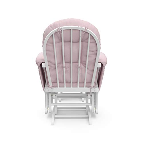 Storkcraft Premium Hoop Glider and Ottoman (White Base, Pink Swirl Cushion)  Padded Cushions with Storage Pocket, Smooth Rocking Motion, Easy to Assemble, Solid Hardwood Base