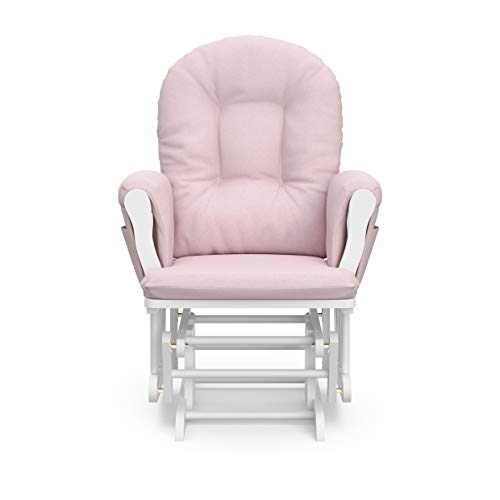 Storkcraft Premium Hoop Glider and Ottoman (White Base, Pink Swirl Cushion)  Padded Cushions with Storage Pocket, Smooth Rocking Motion, Easy to Assemble, Solid Hardwood Base