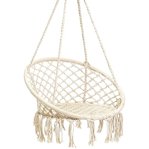Caromy Hammock Chair Macrame Swing, Hanging Lounge Mesh Chair Durable Cotton Rope Swing for Bedroom, Patio, Garden, Deck, Yard, Max Capacity 265 Lbs (Beige)