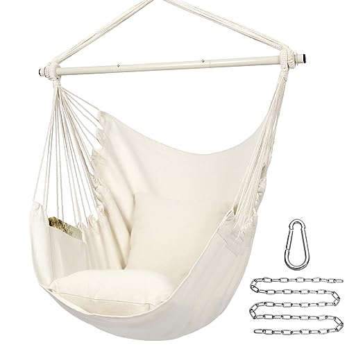 Y- STOP Hammock Chair Hanging Rope Swing-Max 320 Lbs-2 Seat Cushions Included-Quality Cotton Weave for Superior Comfort & Durability (Beige)
