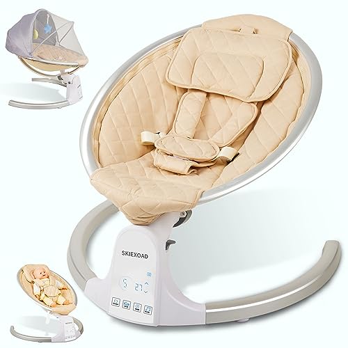 SKIEXOAD Baby Swings for Infants Electric Bouncer for Babies Baby Rocker with 5 Point Harness Belt,Adjustable backrest,5 Sway Speeds,3 time Settings,10 Music and Bluetooth,Aluminum