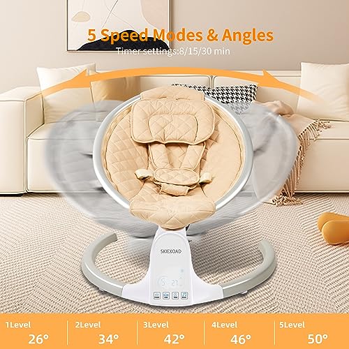 SKIEXOAD Baby Swings for Infants Electric Bouncer for Babies Baby Rocker with 5 Point Harness Belt,Adjustable backrest,5 Sway Speeds,3 time Settings,10 Music and Bluetooth,Aluminum
