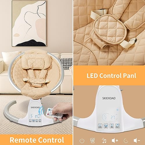 SKIEXOAD Baby Swings for Infants Electric Bouncer for Babies Baby Rocker with 5 Point Harness Belt,Adjustable backrest,5 Sway Speeds,3 time Settings,10 Music and Bluetooth,Aluminum