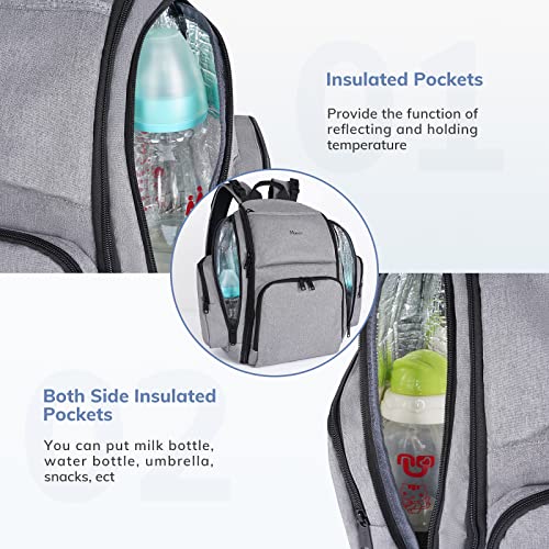 Diaper Bag Backpack, Large Travel Multifunction Waterproof Baby Nappy Changing Bag for Dad Mom with Insulated Pockets, Changing Pad, Storller Straps, Mancro Maternity Baby Bag for Boys Girls, Grey