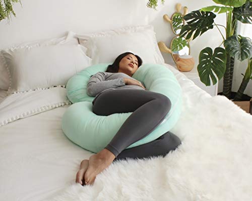 PharMeDoc Pregnancy Pillow with Jersey Cover, C Shaped Full Body Pillow - Mint Green