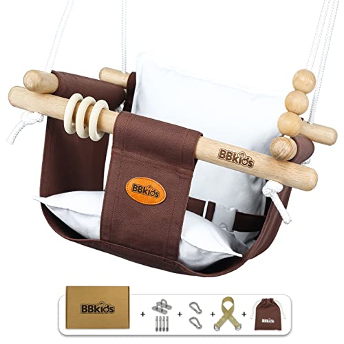 BBkids Indoor Baby Swing, Canvas Baby Swing, Wooden Hammock Hanging Swing Seat Chair with Safety Belt, Outdoor Kids Toddler Baby Tree Swing, Full Set of Ceiling Screws. (Dark Brown)