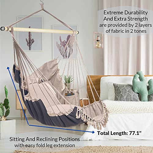 Bdecoru Hanging Hammock Chair Large Swing Chair | Sitting and Reclining Positions | 2-Layer Fabric for Extreme Durability | 2-Tone Beige and Gray Plus 2 Cushions and Side Pocket | Indoor/Outdoor Use