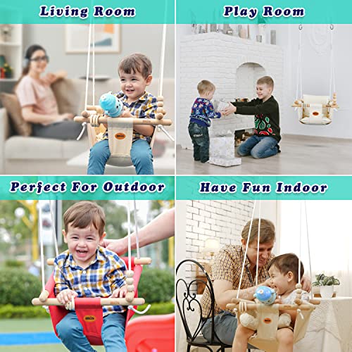 BBkids Indoor Baby Swing, Canvas Baby Swing, Wooden Hammock Hanging Swing Seat Chair with Safety Belt, Outdoor Kids Toddler Baby Tree Swing, Full Set of Ceiling Screws. (Grey)