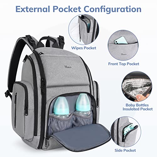 Diaper Bag Backpack, Large Travel Multifunction Waterproof Baby Nappy Changing Bag for Dad Mom with Insulated Pockets, Changing Pad, Storller Straps, Mancro Maternity Baby Bag for Boys Girls, Grey