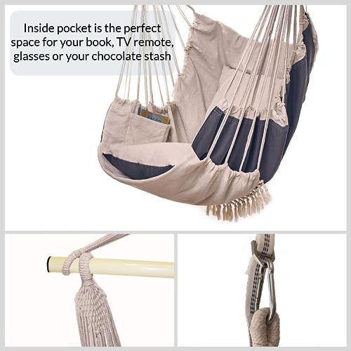 Bdecoru Hanging Hammock Chair Large Swing Chair | Sitting and Reclining Positions | 2-Layer Fabric for Extreme Durability | 2-Tone Beige and Gray Plus 2 Cushions and Side Pocket | Indoor/Outdoor Use