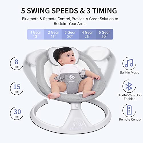 Bellababy Bluetooth Baby Swing for Infants, Compact & Portable, Intelligent Auto-Sensing, 5 Speed, 10 Lullabies, Remote Control, USB Plug-in Power, Indoor/Outdoor, 5-25 lb, 0-9 Months