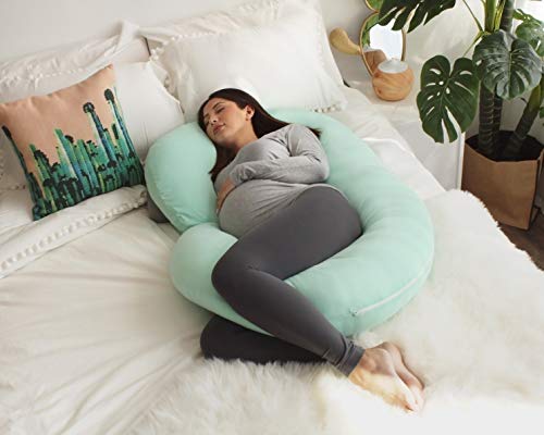PharMeDoc Pregnancy Pillow with Jersey Cover, C Shaped Full Body Pillow - Mint Green