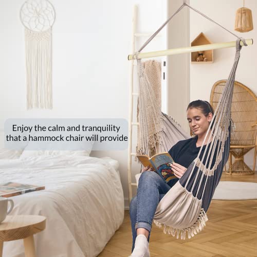 Bdecoru Hanging Hammock Chair Large Swing Chair | Sitting and Reclining Positions | 2-Layer Fabric for Extreme Durability | 2-Tone Beige and Gray Plus 2 Cushions and Side Pocket | Indoor/Outdoor Use