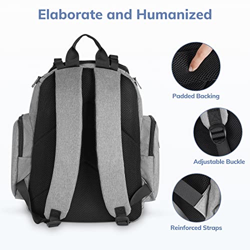 Diaper Bag Backpack, Large Travel Multifunction Waterproof Baby Nappy Changing Bag for Dad Mom with Insulated Pockets, Changing Pad, Storller Straps, Mancro Maternity Baby Bag for Boys Girls, Grey