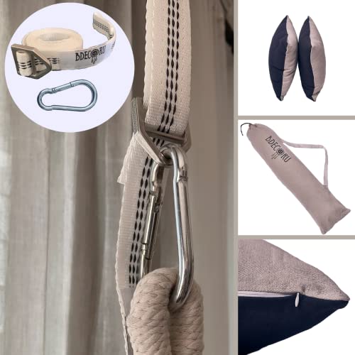 Bdecoru Hanging Hammock Chair Large Swing Chair | Sitting and Reclining Positions | 2-Layer Fabric for Extreme Durability | 2-Tone Beige and Gray Plus 2 Cushions and Side Pocket | Indoor/Outdoor Use