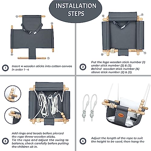 BBkids Indoor Baby Swing, Canvas Baby Swing, Wooden Hammock Hanging Swing Seat Chair with Safety Belt, Outdoor Kids Toddler Baby Tree Swing, Full Set of Ceiling Screws. (Grey)