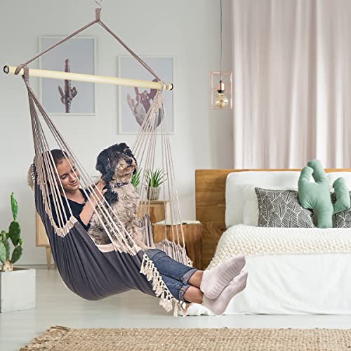 Bdecoru Hanging Hammock Chair Large Swing Chair | Sitting and Reclining Positions | 2-Layer Fabric for Extreme Durability | 2-Tone Beige and Gray Plus 2 Cushions and Side Pocket | Indoor/Outdoor Use