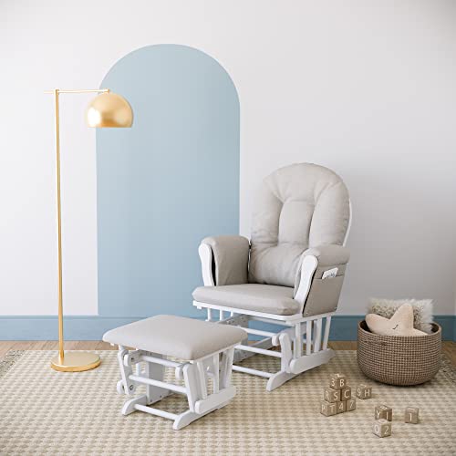 Storkcraft Premium Hoop Glider and Ottoman (White Base, Taupe Swirl Cushion)  Padded Cushions with Storage Pocket, Smooth Rocking Motion, Easy to Assemble, Solid Hardwood Base