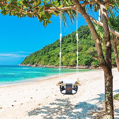 BBkids Indoor Baby Swing, Canvas Baby Swing, Wooden Hammock Hanging Swing Seat Chair with Safety Belt, Outdoor Kids Toddler Baby Tree Swing, Full Set of Ceiling Screws. (Grey)