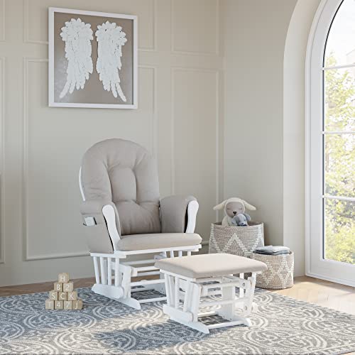 Storkcraft Premium Hoop Glider and Ottoman (White Base, Taupe Swirl Cushion)  Padded Cushions with Storage Pocket, Smooth Rocking Motion, Easy to Assemble, Solid Hardwood Base